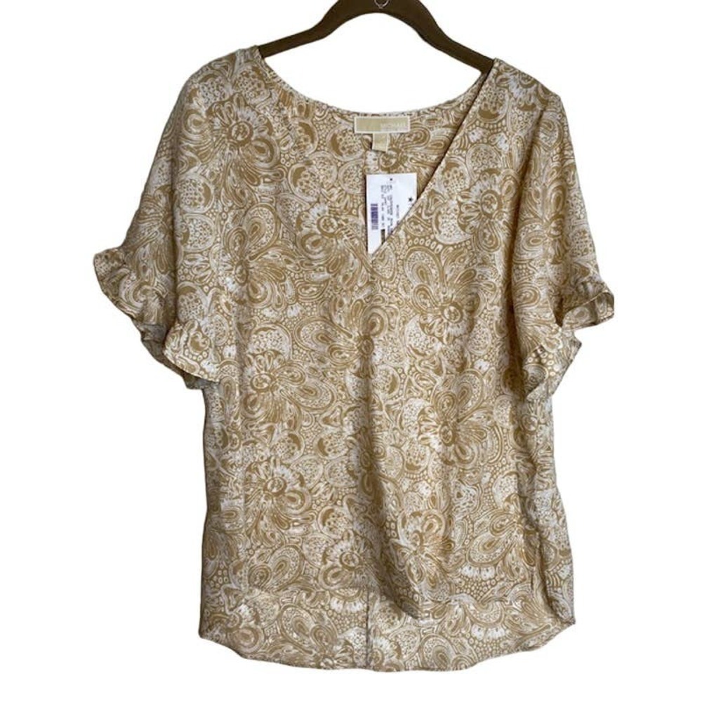 Michael by Michael Kors Dolman Flutter Sleeve Shirt Sz Medium‎ Tan & Cream